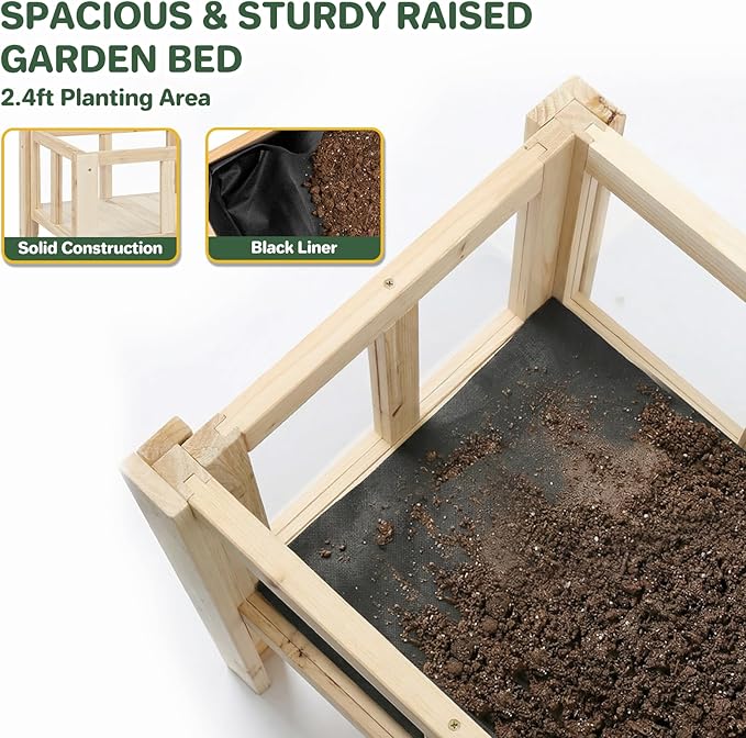 Raised Garden Bed for Small Balcony 28.3''x16.3''x23.6'' Wood Planter Box with Transparent Window Drainage Holes Storage Shelf Garden Beds Flower Stand Patio Kitchen Gift for Gardening