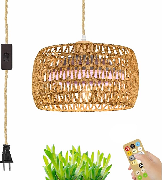30W Full-Spectrum Lamp with 4W Fan Timer by Remote Control Swag Hanging Boho Plant Growing Light 15ft Plug-in Twine Braiding Cord Dimmable Natural Dome Shade for Indoor Planting Portable
