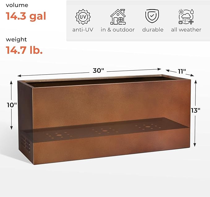 Worth Metal Planter Box with Insert Plate &amp Drain Holes Indoor or Outdoor Use No Assembly Required 30 x 11 x 13 14.3 Gallons Matte Bronze