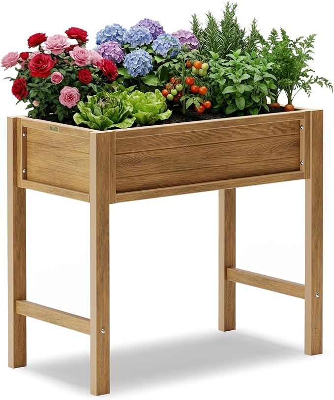 YEFU Raised Garden Beds Outdoor: 34x18x30in Weatherproof Teak Raised Garden Bed for Vegetable Herb Plant Gardening - HIPS Planter Boxes Outdoor with Legs on Patio Deck for Suburban Homeowners