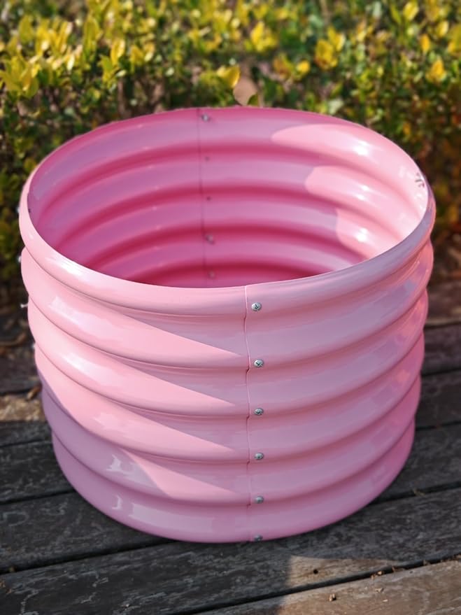 A ANLEOLIFE Kids Mini Raised Garden Beds Outdoor (4-Pack)-24x24x18in Round Galvanized Metal Planter Box for Planting Vegetables Flowers Fruits Eco-Safe &amp Easy Setup Blush Pink