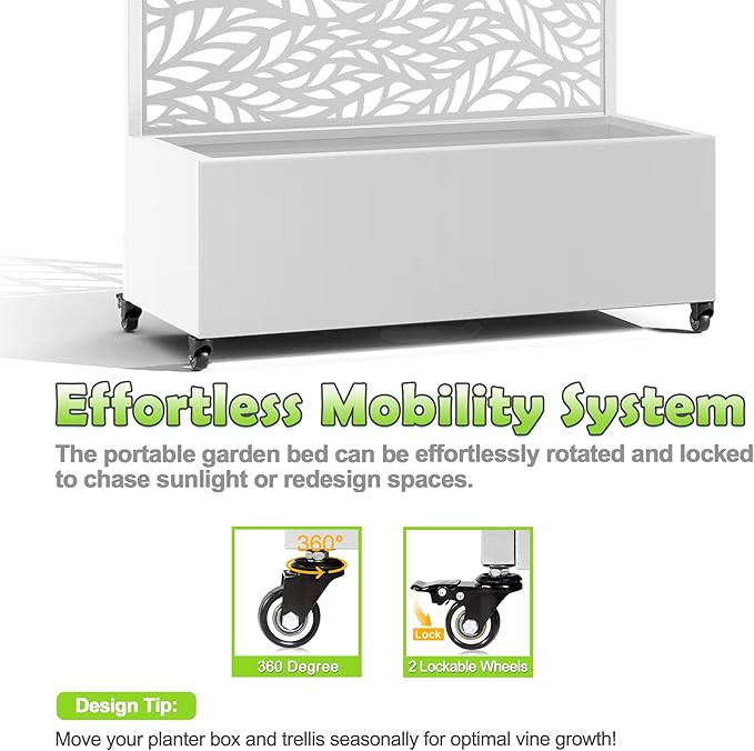 15.7×70.9×35.4 Metal Raised Garden Bed with Trellis and Wheels - Tall Trellis Planter Box for Climbing Plants Vegetables &amp Vines - Outdoor Privacy Planters for Patio (White-Spring)