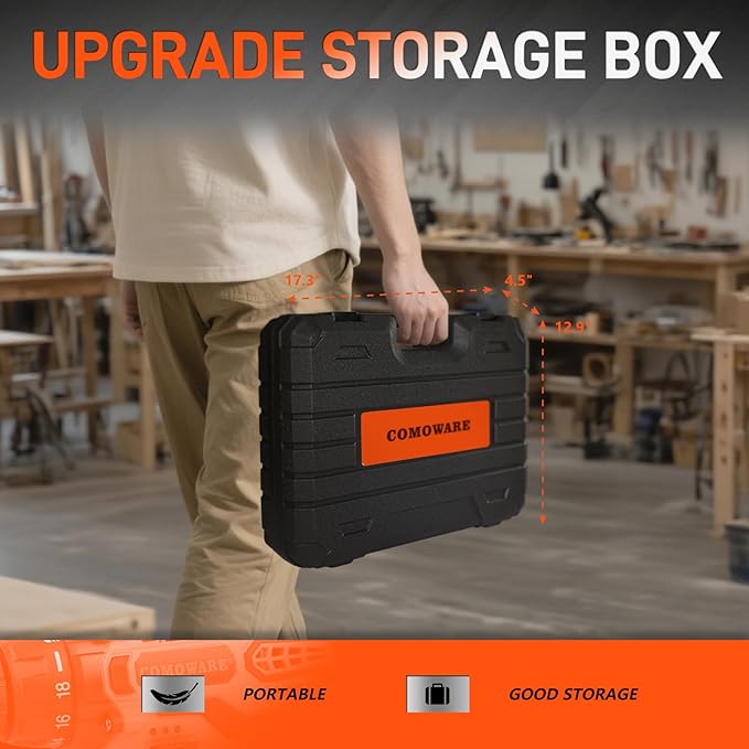 COMOWARE Household Tool Set with 12V Cordless Drill Driver Hand Tool Kit for Men Power Drill Set with Plastic Toolbox Ideal for Office Garden DIY Project Orange