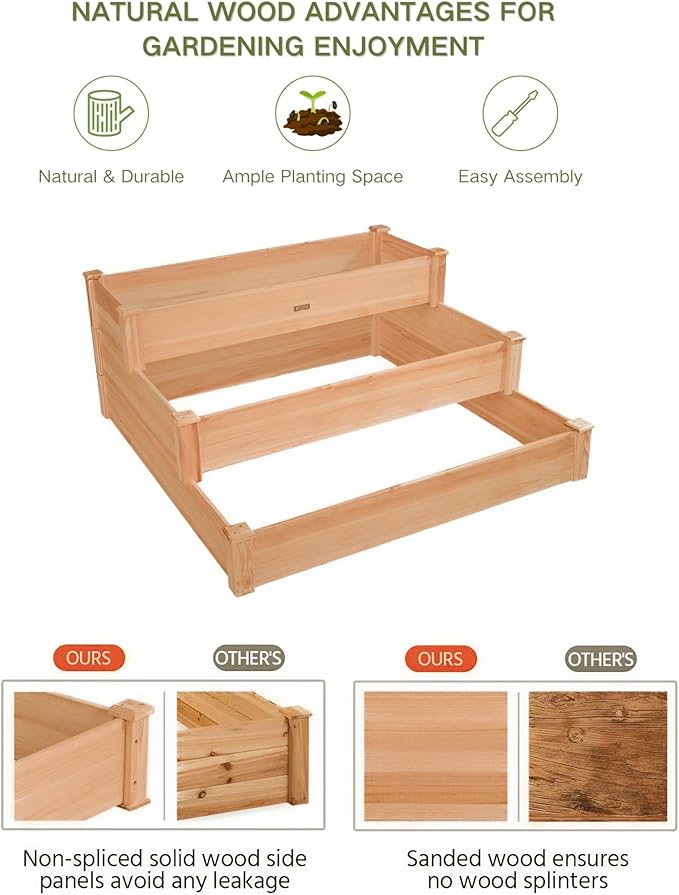 3-Tier Raised Garden Bed with Fabric Liner Wood Elevated Planter Box with Dovetail Joint Design 3 Dividable Bed Kit for Vegetables/Herbs/Flowers Outdoor Gardening for Patio Lawn Balcony