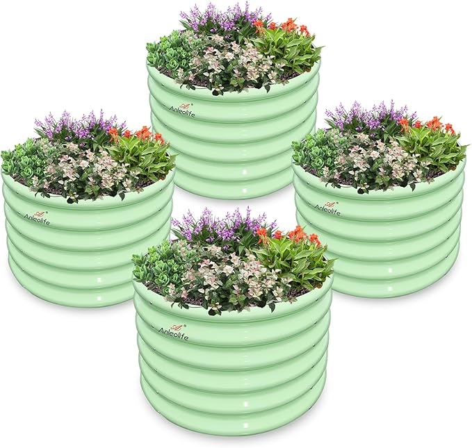 A ANLEOLIFE Kids Mini Raised Garden Beds Outdoor (4-Pack)-24x24x18in Round Galvanized Metal Planter Box for Planting Vegetables Flowers Fruits Eco-Safe &amp Easy Setup Mint Green