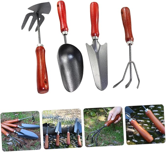 Garden Tool Set 4pcs Small Metal Spade Hand Shovel Soil Scoop with Narrow Shovel Hand Rake Dual-Purpose Hoe for Planting and Weeding in Home Gardening