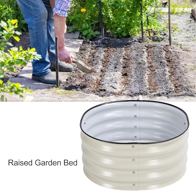 Jiawu 11' Tall Raised Garden Beds Outdoor for Gardening Round Raised Garden Bed Kit Metal Raised Bed Planter Box for Vegetable Flower Fruits 2.0 × 2.0 × 0.9 ft Open Bottom (Ivory