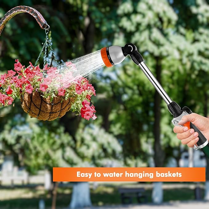 RESTMO Metal Watering Wand Heavy Duty Garden Hose Wand with 180° Swivel Ratcheting Head 16'' Hose Nozzle Sprayer with 7 Spray Patterns and Flow Control for Water Hanging Baskets and Shrubs Orange