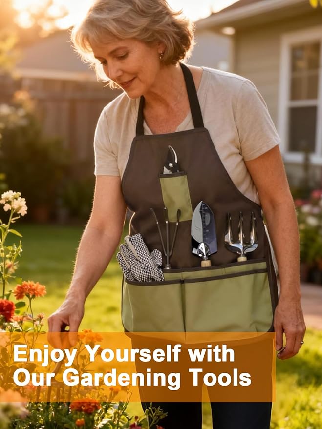 Gardening Tools Set 11 PCS Heavy Duty Stainless Steel Garden Tool Kit with Large Garden Tote Bag &amp Apron Durable Ergonomic Hand Tool Ideal Gardening Gift for Women Men Mom Dad