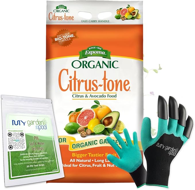 Espoma CT18 Citrus-Tone 5-2-6 18 lb. Bag with My Garden Pool PH Soil Test Strips 20 ct and My Garden Pool Superior Gardening Claw Gloves and Garden-IQ Smart Gardening AI Assistant!