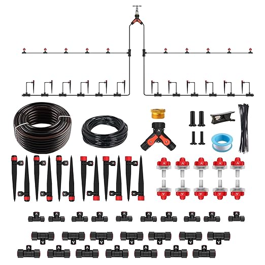 A ANLEOLIFE 100FT Drip Irrigation Kit All-in-One Quick-Connect System with 1/2” Mainline + 1/4” Tubing Y Splitter 22 Adjustable Emitters &amp Nozzles for Raised Beds Greenhouse Vegetable Garden
