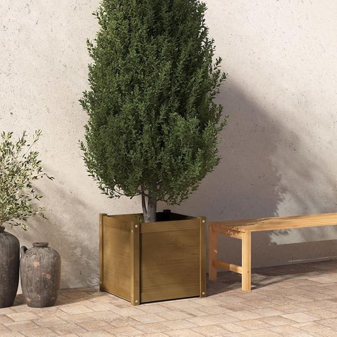 Honey Brown Pine Wood Outdoor Planter Box - Large Flower Pots for Gardening Planting Vegetables and Herbs in Garden Beds
