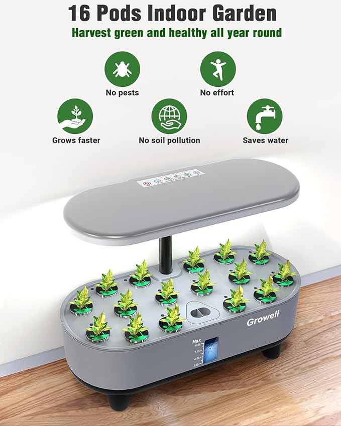 Hydroponics Growing System Kit 16 Pods Indoor Garden with 28W Full Spectrum LED Grow Light Auto Timer 3 Smart Light Modes 8L Large Herb Garden Ideal Gardening Gift for Women Men (Gray)