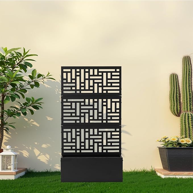 44.5 Inch Metal Garden Bed with TrellisIndoor Outdoor Flower BedMetal Planter BoxStanding Climbing Plants Vegetable Garden Boxwith Drainage Holesfor Patio Porch Yard Balcony Backyard (Black-B)