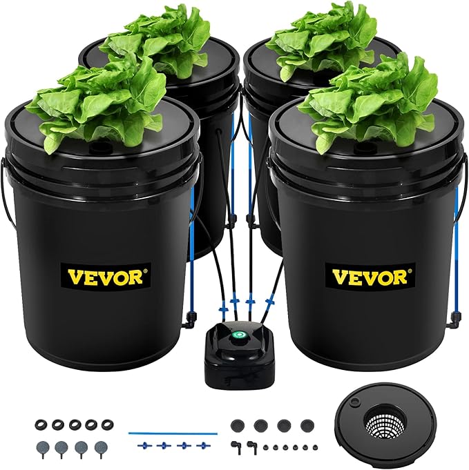 VEVOR DWC Hydroponic System 5 Gallon 4 Buckets Deep Water Culture Growing Bucket Hydroponics Grow Kit with Pump Air Stone and Water Level Device for Indoor/Outdoor Leafy Vegetables