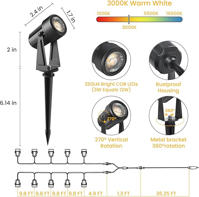 Svater Landscape Lighting Low Voltage 10 Pack Outdoor Spotlights with Transformer + Patio Light 120 FT with 63 Shatterproof LED Bulbs