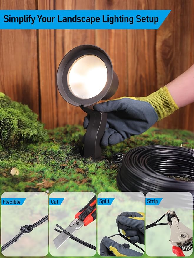 LEONLITE 4-Pack 5W LED Landscape Spotlight AC/DC 12V Low Voltage IP65 Waterproof Non-Dimmable Bronze Aluminum Housing 3000K Bundle 100ft 16/2 Low Voltage Landscape Lighting Cable Black