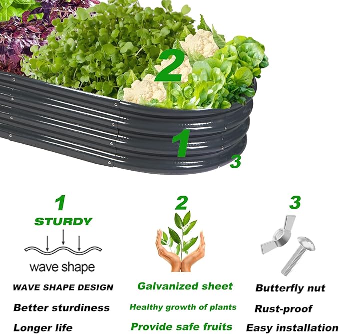 Raised Garden Bed GRS Certified Galvanized Planter Box Outdoor 8ft Oval Rot-Resistant Metal Garden Bed Planter Recycled Eco-Friendly Material Planter for Vegetables Flowers Herbs (Grey)
