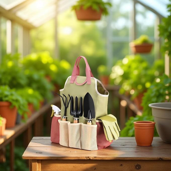 Garden Tool Set 9 Pcs with Wooden Handles Gift for Women &amp Men Includes Tote Bag Transplanter Fork Rake Trowel