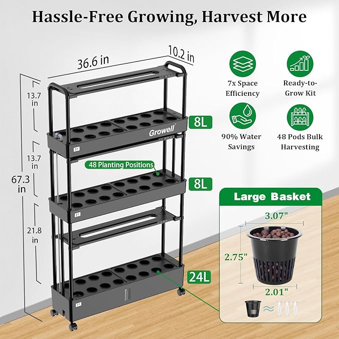 Large Hydroponics Growing System Kit 48 Pods Vertical Hydroponic Garden with 48 Large Buckets 40L Indoor Garden System for Herb Vegetable Fruit with 2 Light Modes Auto Circulating Water System