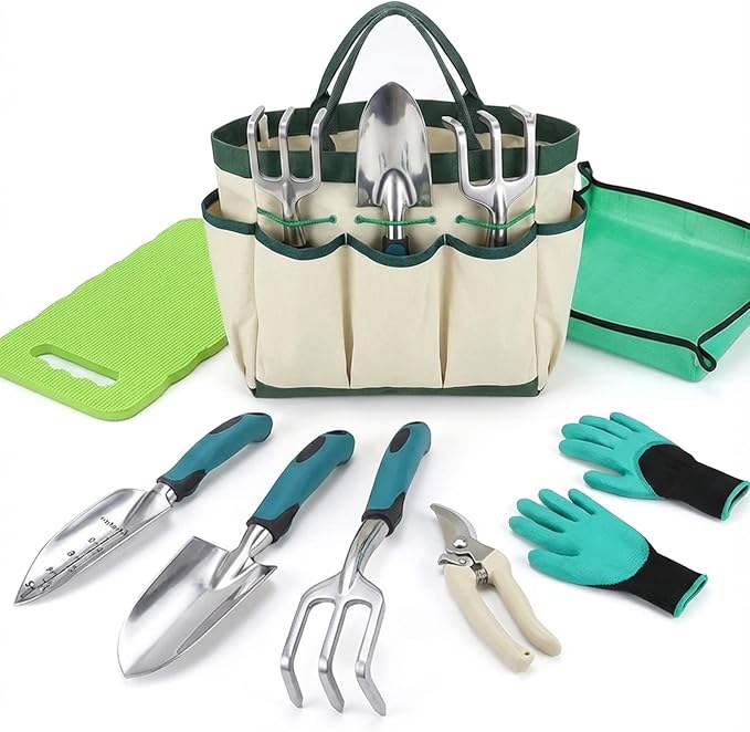 8-Piece Heavy-Duty Gardening Tools Set with Tote Bag - Rust-Proof Aluminum Gardening Hand Tools with Ergonomic Non-Slip Rubber Grips - Gardening Supplies Set Ideal Gift for Men &amp Women