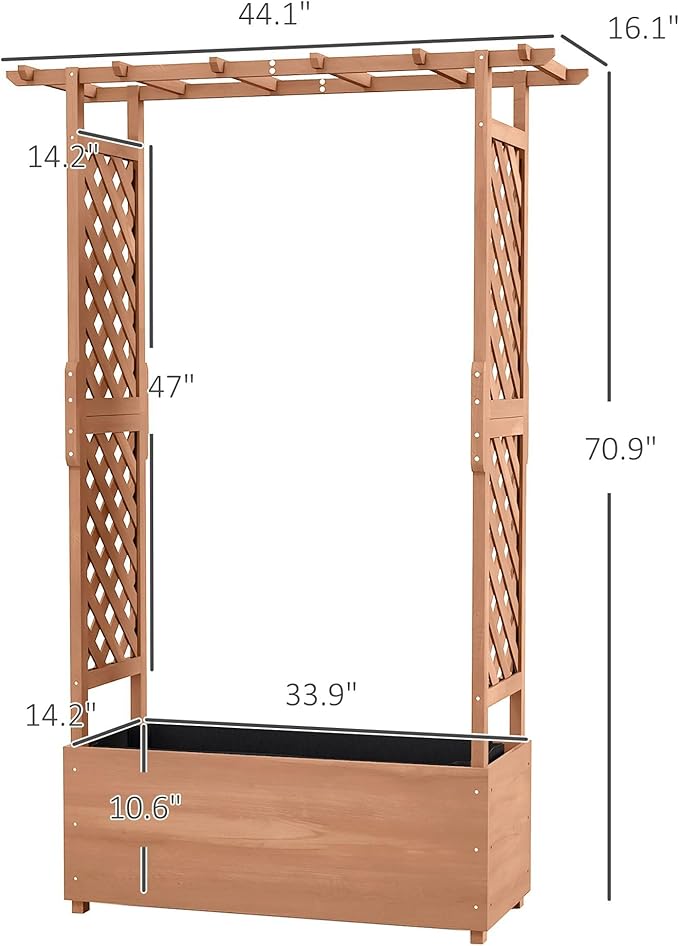 Fir Wood Garden Bed Planter with Dual Trellis Sides and Pergola Extension Self-Draining 44 inches by 16.25 inches by 70.75 inches 99 Pounds