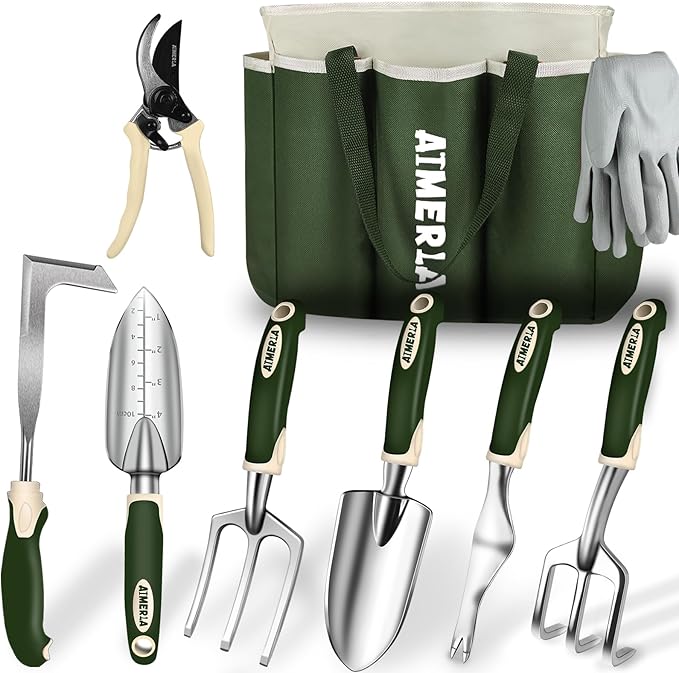 Aimerla Gardening Tools Set of 9 Heavy Duty Garden Tools with Non-Slip Rubber Grip with Large Garden Bag for Tools Durable Hand Tools for Gardening WeedingGardening Gifts for WomenMen (Dark Green)