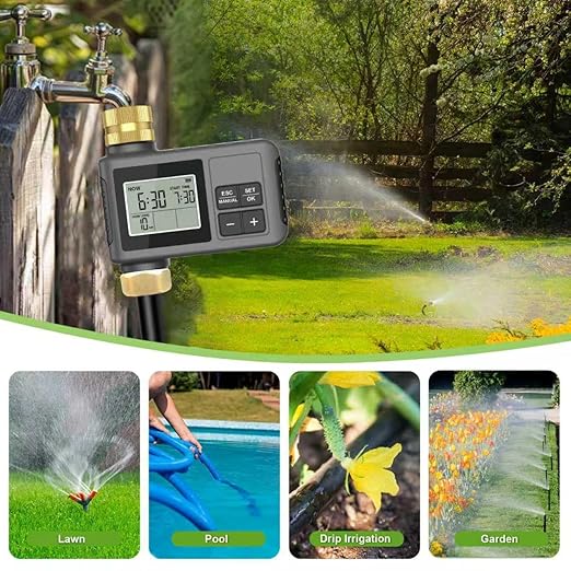 60Ft Drip Irrigation System with Smart Water Timer – Automatic Garden Watering Kit with Solid Brass Metal Connectors 360° Adjustable Nozzles &amp Bendable Tubing for Garden Greenhouse &amp Lawn