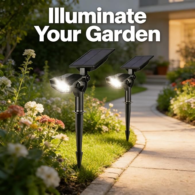 Solar Garden Spotlights 2 PCS 5 LEDs Warm White Landscape Lighting Battery Powered Outdoor Path Lights with Auto On Off - Energy Efficient Adjustable Angle Ideal