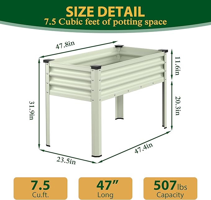 Galvanized Raised Garden Bed with Legs 48 W x 24 D x 32 H Large Metal Elevated Raised Planter Box with Drainage Gaps for Backyard Patio Balcony 507lbs Capacity Beige