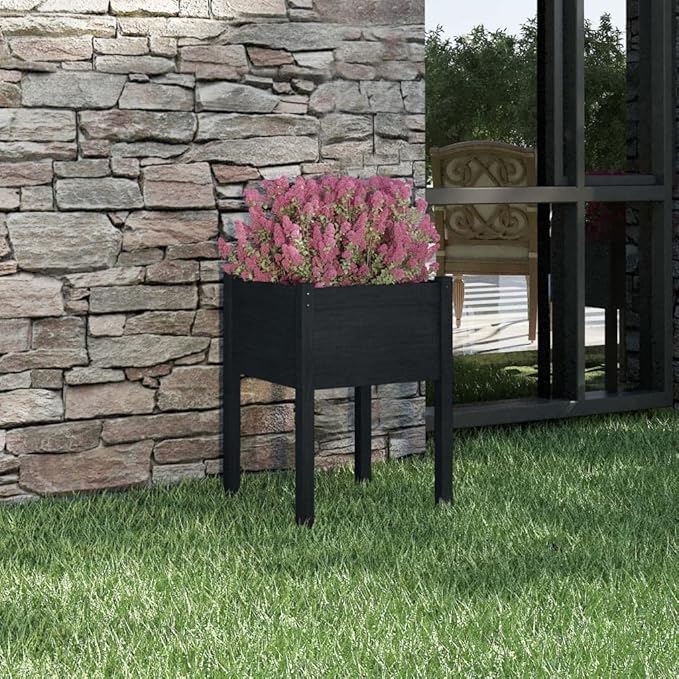 Planter Black Solid Pinewood Outdoor Garden Planter Square 19.7x19.7x27.6 in Durable Raised Garden Bed for Flowers Patio and Balcony