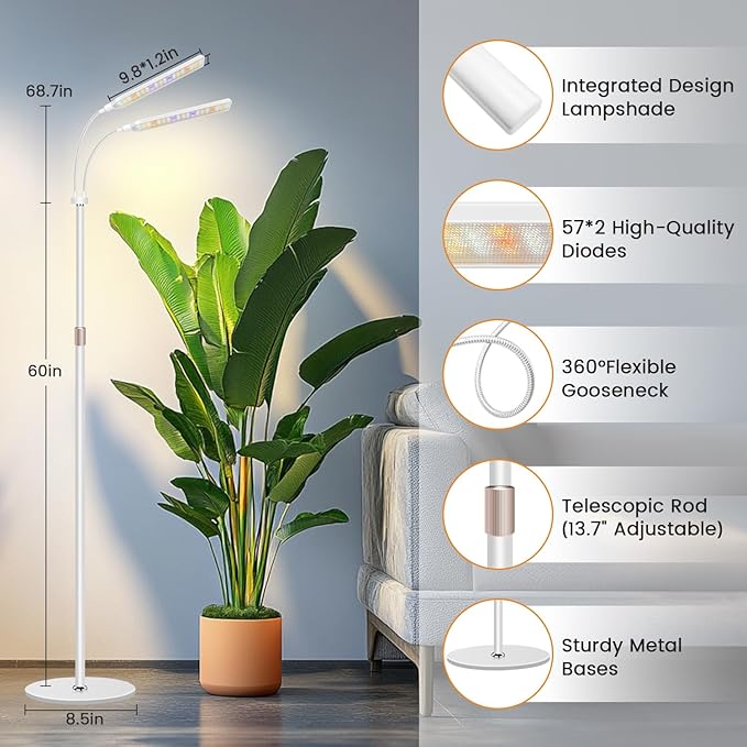 Grow Lights for Indoor Plants with Stand 2-Heads Full Specturm Plant Grow Light with 4/8/12/16H Timer 3 Color Modes 360° Flexible Gooseneck 24-68.7in Hight Adjustable Plant Growing Lamp