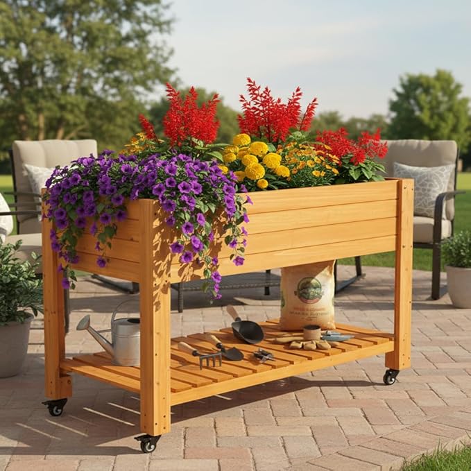 FORTUNO Raised Garden Bed with Wheels 48x24x33 Large Wood Planter Box with Legs Outdoor Mobile Wooden Elevated Raised Beds for Vegetable Flower Standing Gardening Box with Liner for Patio Deck