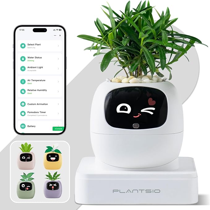 Smart Planter with App Control Self-Watering AI Plant Pot with LCD Display Interactive Desk Plant Companion for 100+ Plants Smart Indoor Planter with Pomodoro Timer80ml ReservoirCalendar-White