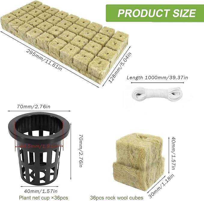 Rockwool Cubes for Hydroponics with Net Pots hydroponics Growing System Including 36 Plugs 36 Net Cups and 10m Self Watering Cotton Wick Cord for Supplies..