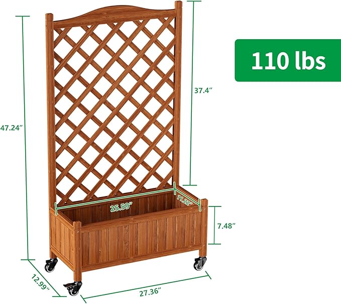 Upgraded 2-Pack 50 Tall Trellis Planter Box with Wheels 49.8H × 27.6W × 13.0D Solid Fir Wood Raised Garden Bed &amp Lattice Privacy Screen Rolling Planter with Drainage for Patio/Garden