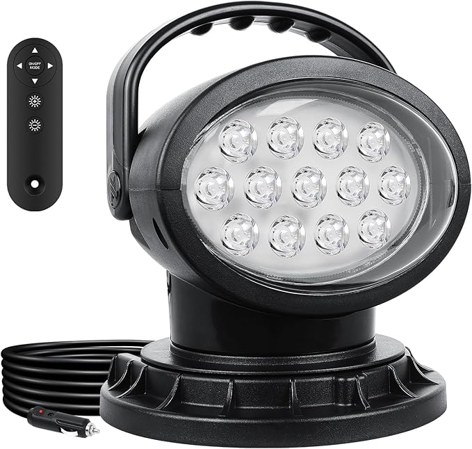 AUXTINGS 360 Degree LED Spotlight Search Light LED Rotating Remote Control Work Light with Magnetic Base for SUV Boat Home Security Protection Emergency Lighting Farm Field Garden