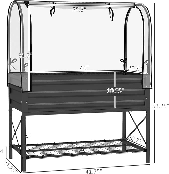 Metal Elevated Planter BoxRaised Garden Bed with Legs and Coverwith Bottom Shelf and Liner for Vegetables