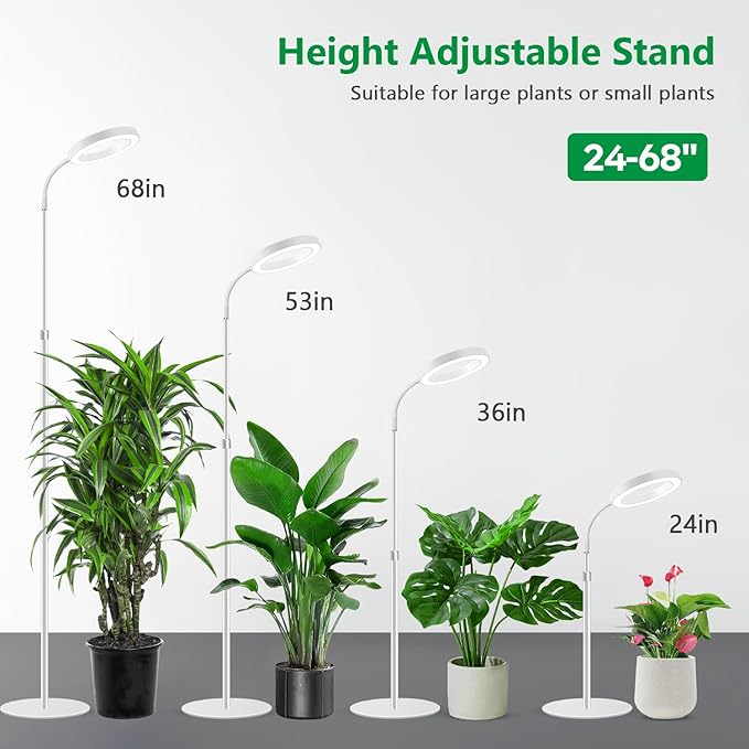 Floor Grow Lights for Indoor Plants Full Spectrum Plant Light with 68 Stand for Growing Large Tall Plants White Halo Grow Lamp with 6/12/16H Timer 3 Light Modes 5 Dimming