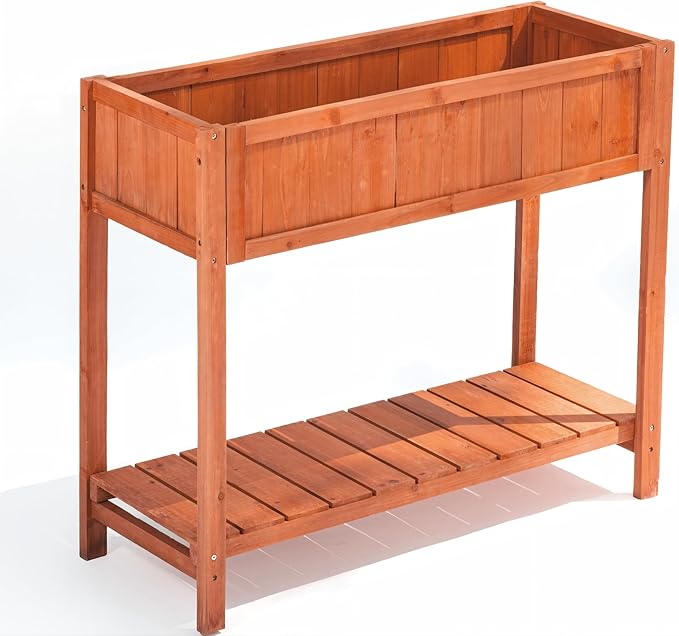 Premium Fir Wooden Raised Garden Bed with Four Legs for Backyard and Balcony GardeningSuitable for Indoor and Outdoor useBottom with Storage Rack35.04''×13''×29.92''
