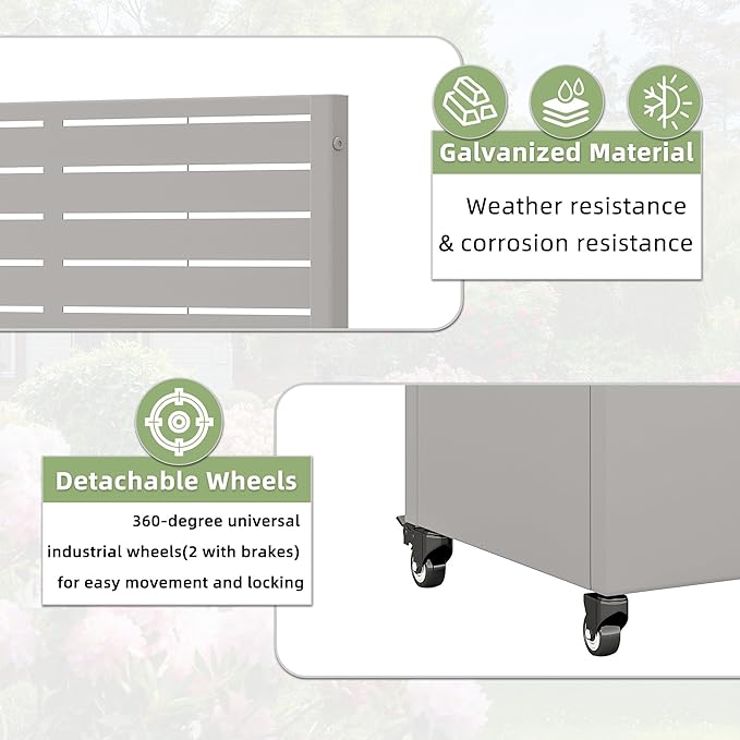 Casaphoria Metal Raised Garden Bed with Trellis and Wheels 47x47x16 Planter Box for Climbing Plants Vegetables &amp Vines Features Drainage Holes and Privacy Screen (Grey-Louvered)