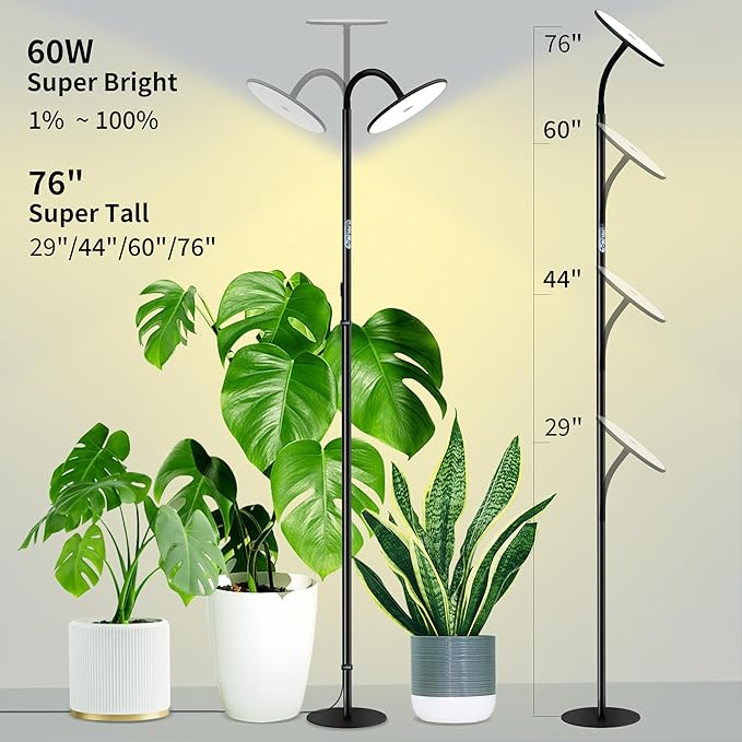 chiphy Grow Lamp 60W Full Spectrum Grow Lights for Indoor Plants 4/8/12H Timer 2300K-6500K 10 Dimmable Brigntness 76'' Height Adjustable Remote Control Ideal for Tall Large Plants