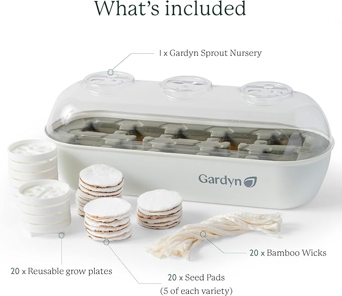 GARDYN Complete Microgreens Growing Kit - Indoor Herb Garden - Indoor Hydroponics Growing System Kit Nursery Seed Starter Tray 20 Seed Pads Bamboo Wicks10 Grow Plates