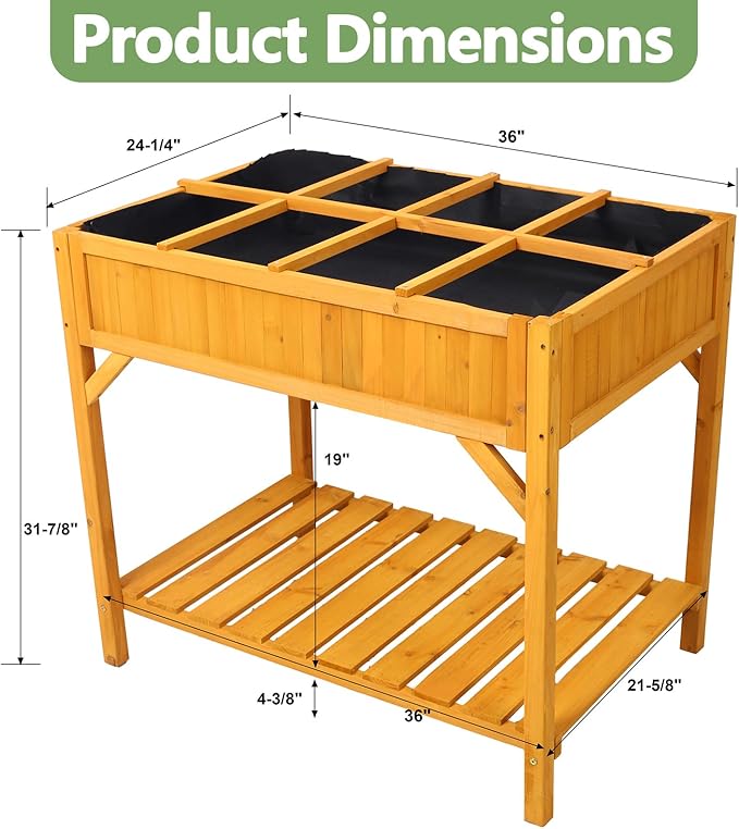 Elevated 8 Pocket Herb Garden BedWooden Standing Planter Box with Legs and Storage Shelf Patio Raised Garden Bed for HerbsVegetablesFlowers (Natural Wood 36 Inch)