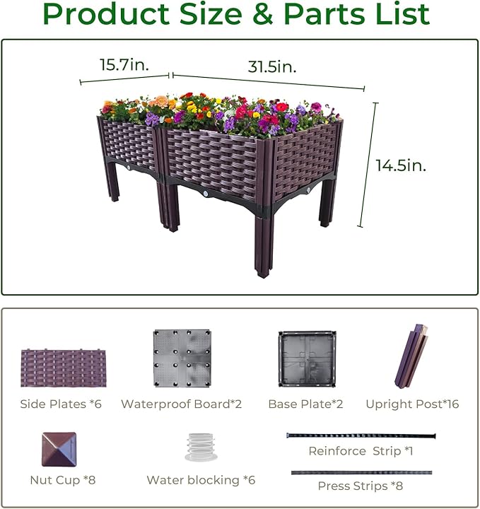 Plastic Raised Garden Bed Set of 2 Planter Grow Boxes 14.5 H with Legs Garden Growing Beds for Indoor &amp Outdoor Vegetable Fruit Flower Herb