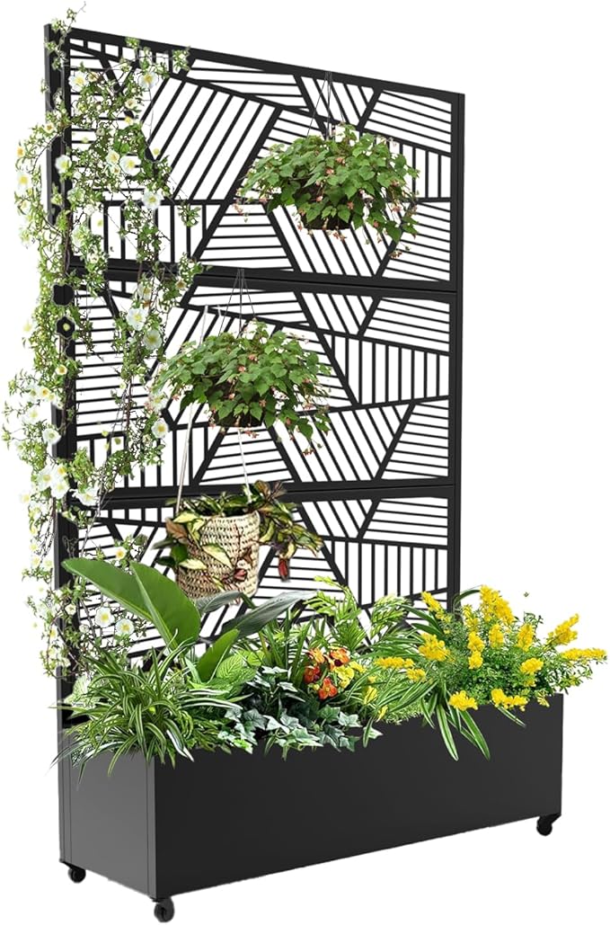 GarveeLife Metal Privacy Screen with Wheels – Galvanized Steel Garden Trellis &amp Planter Box for Climbing Plants/Vines– Galvanized Raised Garden Bed for Patio Yard Balcony