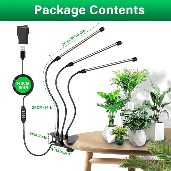 SKYWORLD LED Grow Light 126 LEDs Full Spectrum Clip Plant Growing Lamp for Indoor Plants Flexible Gooseneck Auto On Off Timing 3/9/12H 10 Dimmable Levels 3 Tubes Red &amp White
