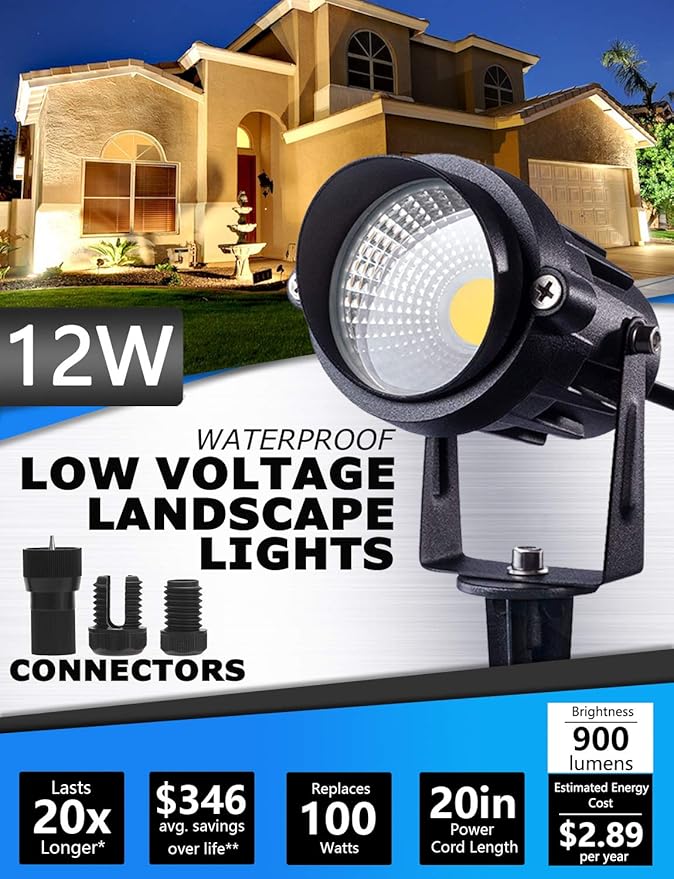 SUNVIE 12W Low Voltage Landscape Lighting LED Landscape Lights 3000K Waterproof Garden Pathway Lights 12V Outdoor Spotlights with Spike Stand 2 Pack with Connectors