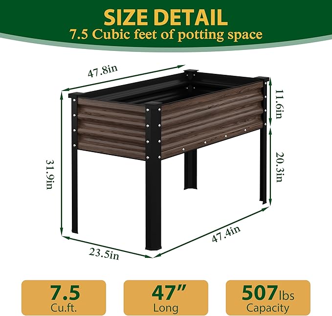 MUPATER 48 L x 24 W x 32 H Galvanized Steel Raised Garden Bed Large Metal Elevated Raised Planter Box with Legs &amp Detachable Black Liner for Backyard Garden Balcony Rustic