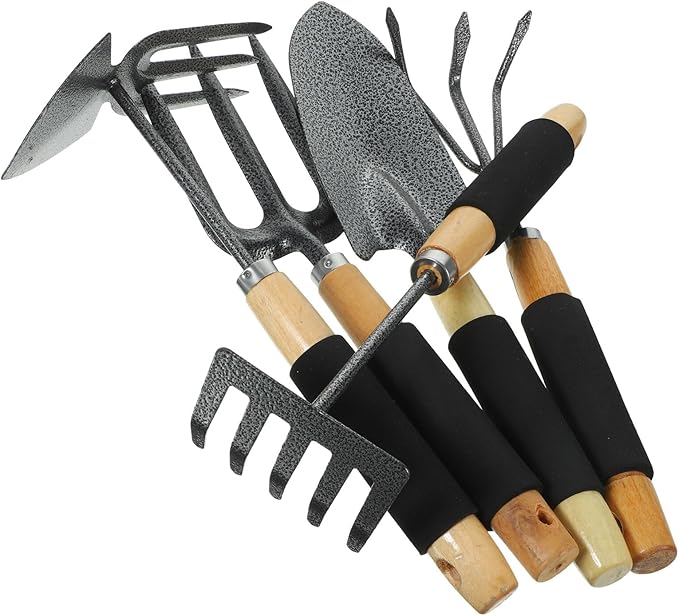 5pcs Garden Tool Set with Shovel Three-Prong Cultivator Hoe and Five-Tooth Rake for Planting and Lawn Care Sturdy Gardening Hand Tools for Outdoor Use